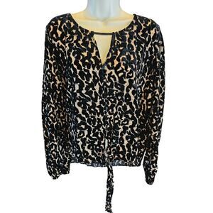 NWT Mixed media velour Sheer black brown tie front long sleeve leapord top XL